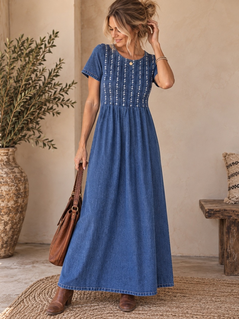 Vintage 100% Cotton Embroidered Denim Prairie Maxi Dress